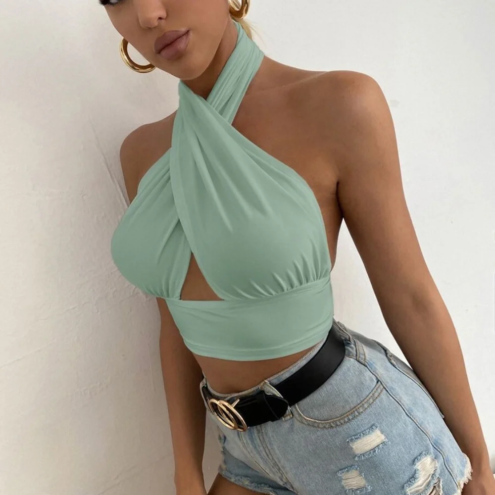 Boho White Ruffle Wrap Halter Crop Top - Picture 5 of 11